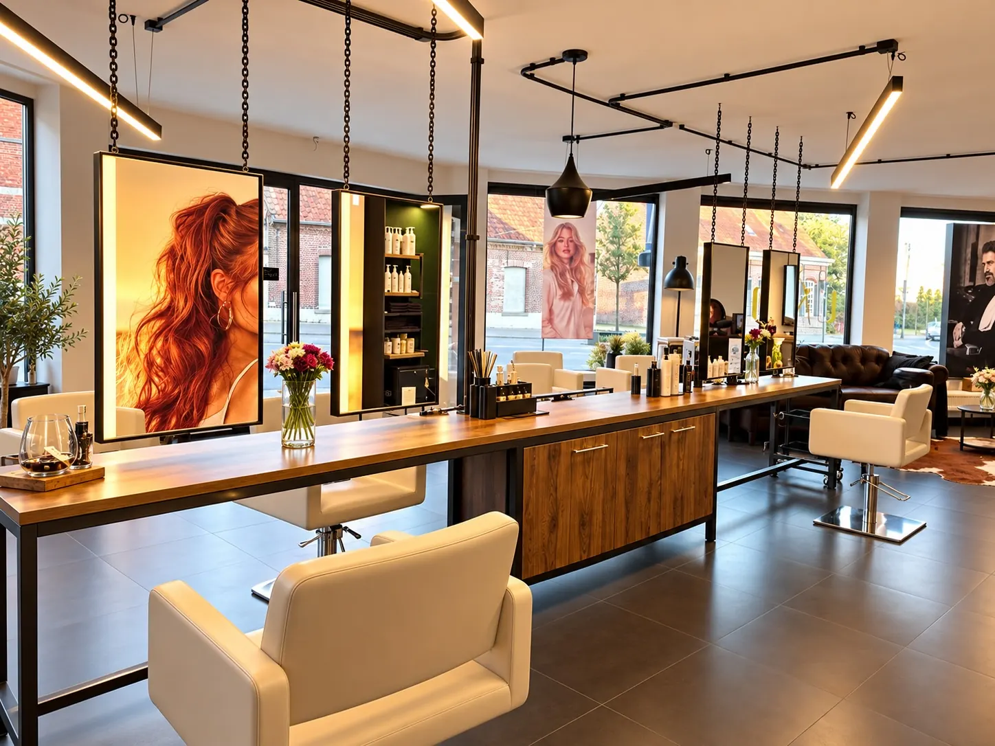 Het salon met houten werkbank en crèmekleurige stoelen
